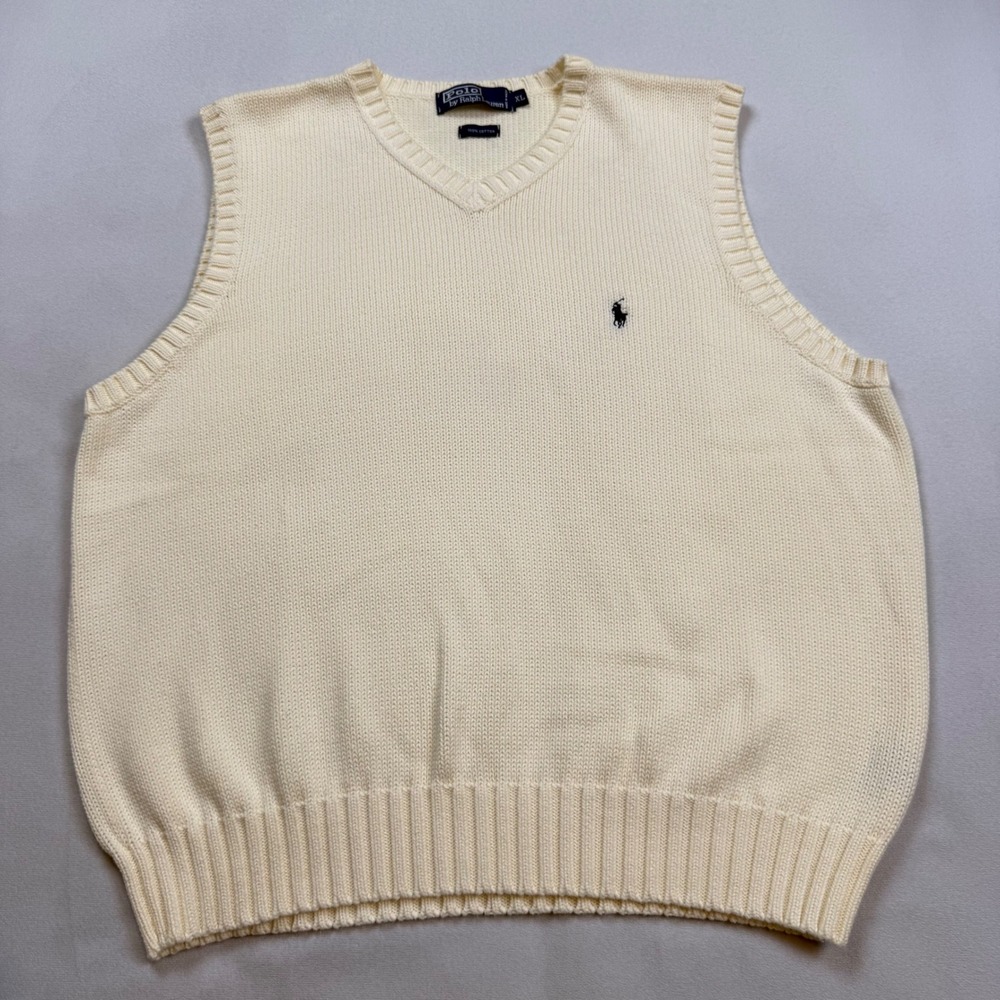 Polo Ralph Lauren Mens XL Cream Cotton V-Neck Sweater Vest Off White Pony Logo